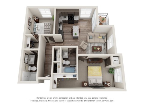 Floor plan for 2 beds, 2 baths, 935 sqft